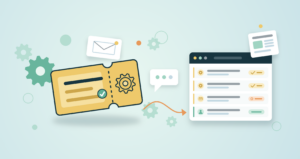 Flat illustration of a help desk ticket system, with a gold support ticket moving into a queue of resolved tickets beside gears, an email card and a chat bubble