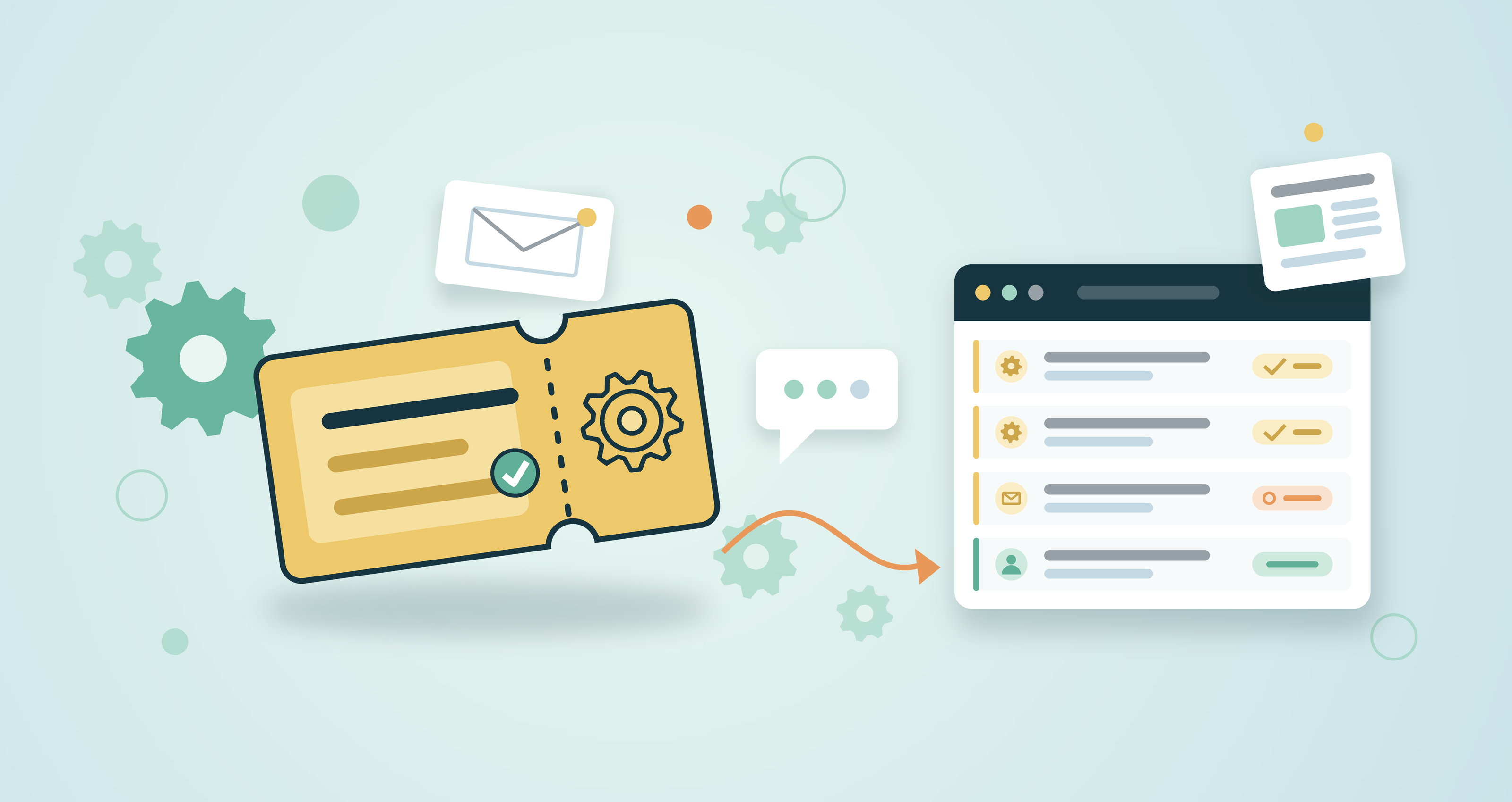 Flat illustration of a help desk ticket system, with a gold support ticket moving into a queue of resolved tickets beside gears, an email card and a chat bubble