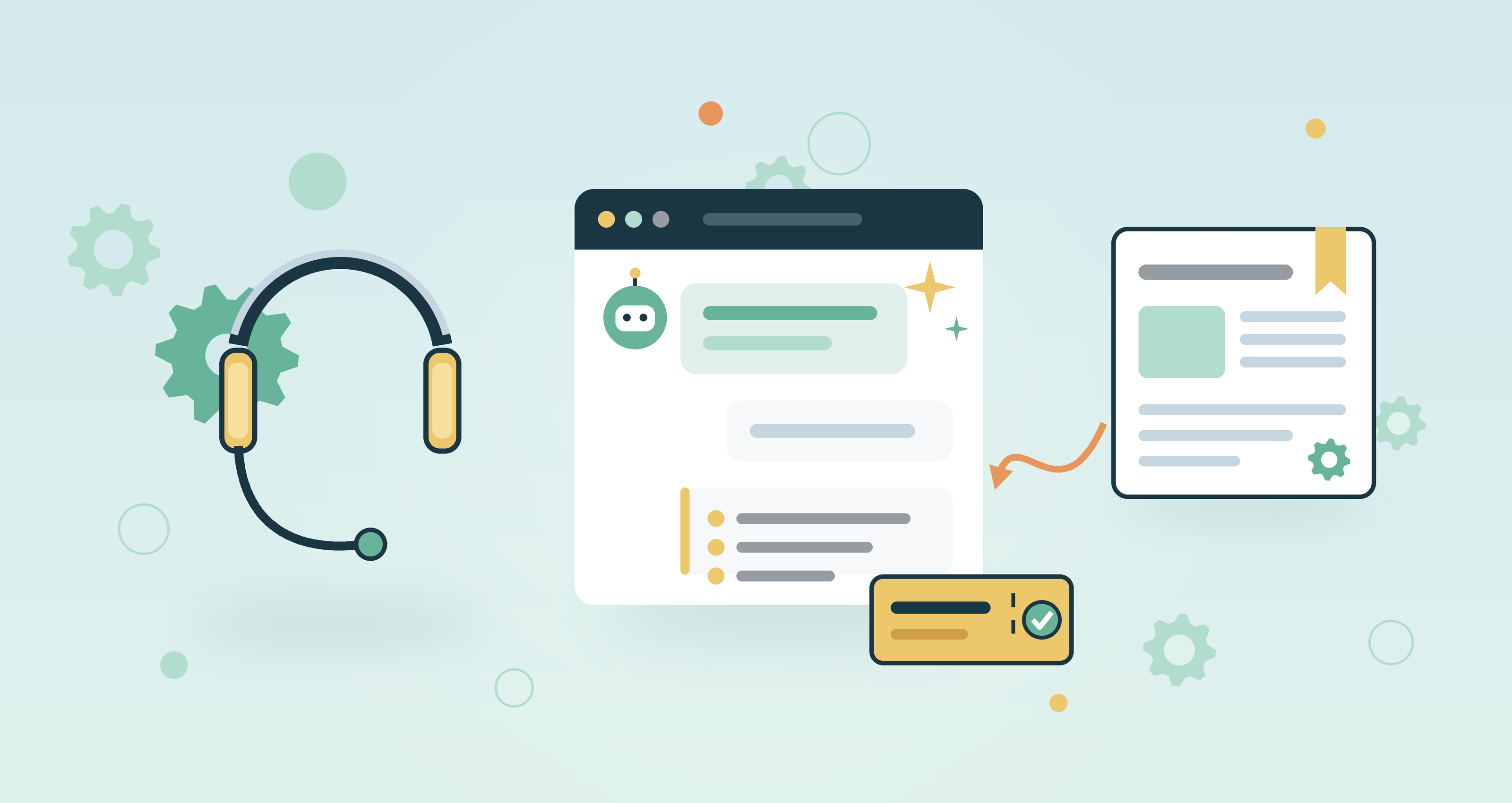 Flat illustration of AI help desk software, with an AI assistant chat window drawing its answer from a knowledge article beside a support headset, gears and a resolved ticket