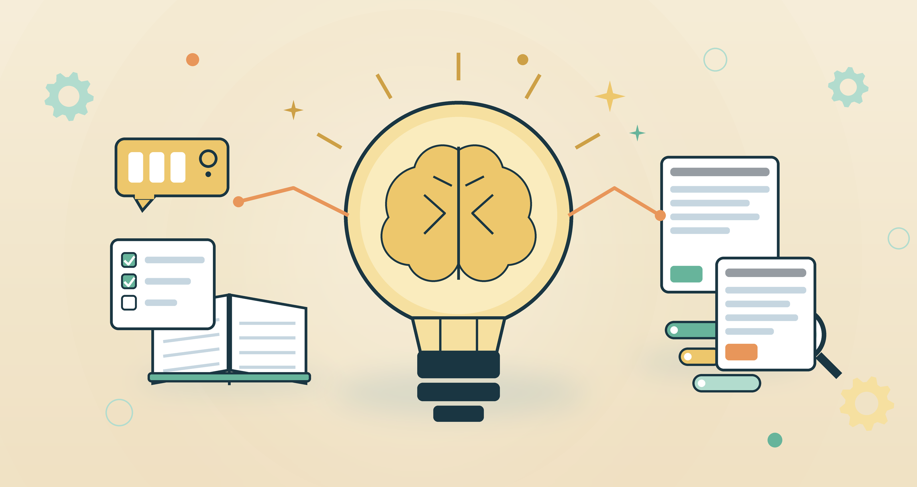 Flat illustration of a knowledge base as a lightbulb with a brain inside, surrounded by an open book, a checklist, an FAQ speech bubble, knowledge articles, tags and a magnifier, on a warm cream background