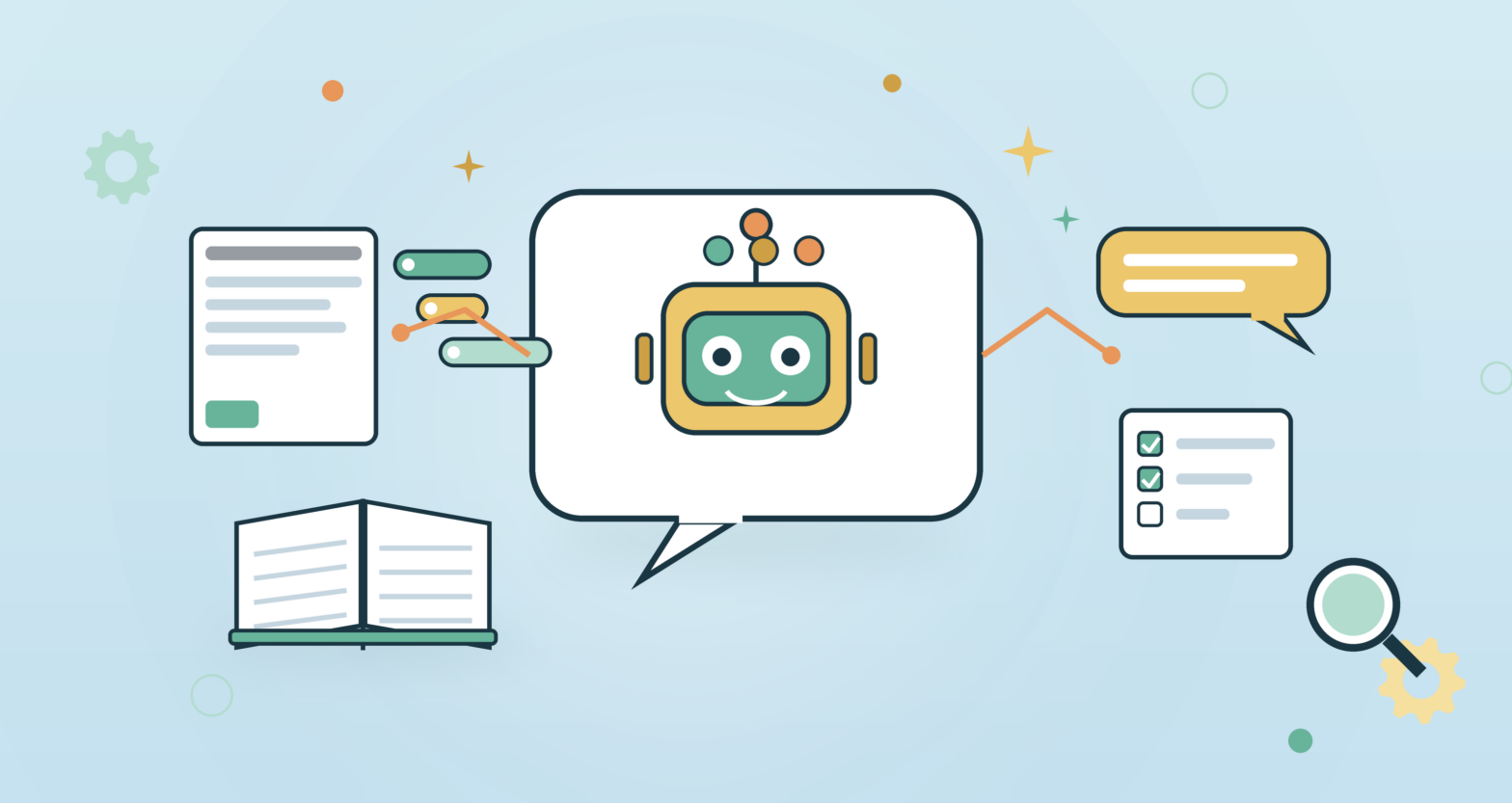 Flat illustration of a knowledge base chatbot as a chat bubble with a bot face drawing answers from an open book, articles, tags and a checklist on a light blue background