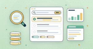 Flat illustration of knowledge base search: a search window with the best matching result highlighted, a magnifier, a stack of stored knowledge, a usage chart and an article card, on a soft green background
