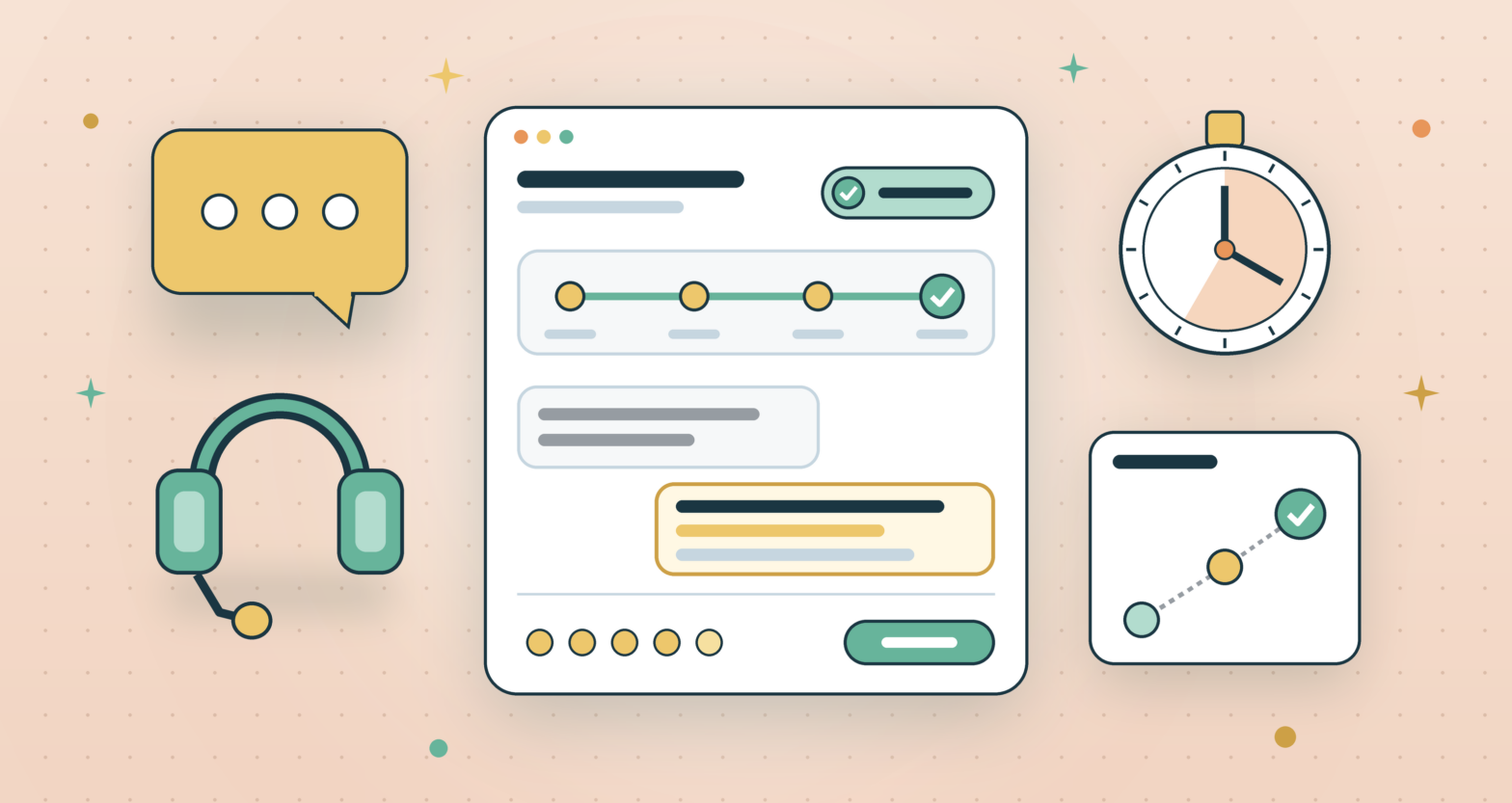 Customer service resolution illustration with a support ticket marked resolved, a chat bubble, a headset, a timer and a step path