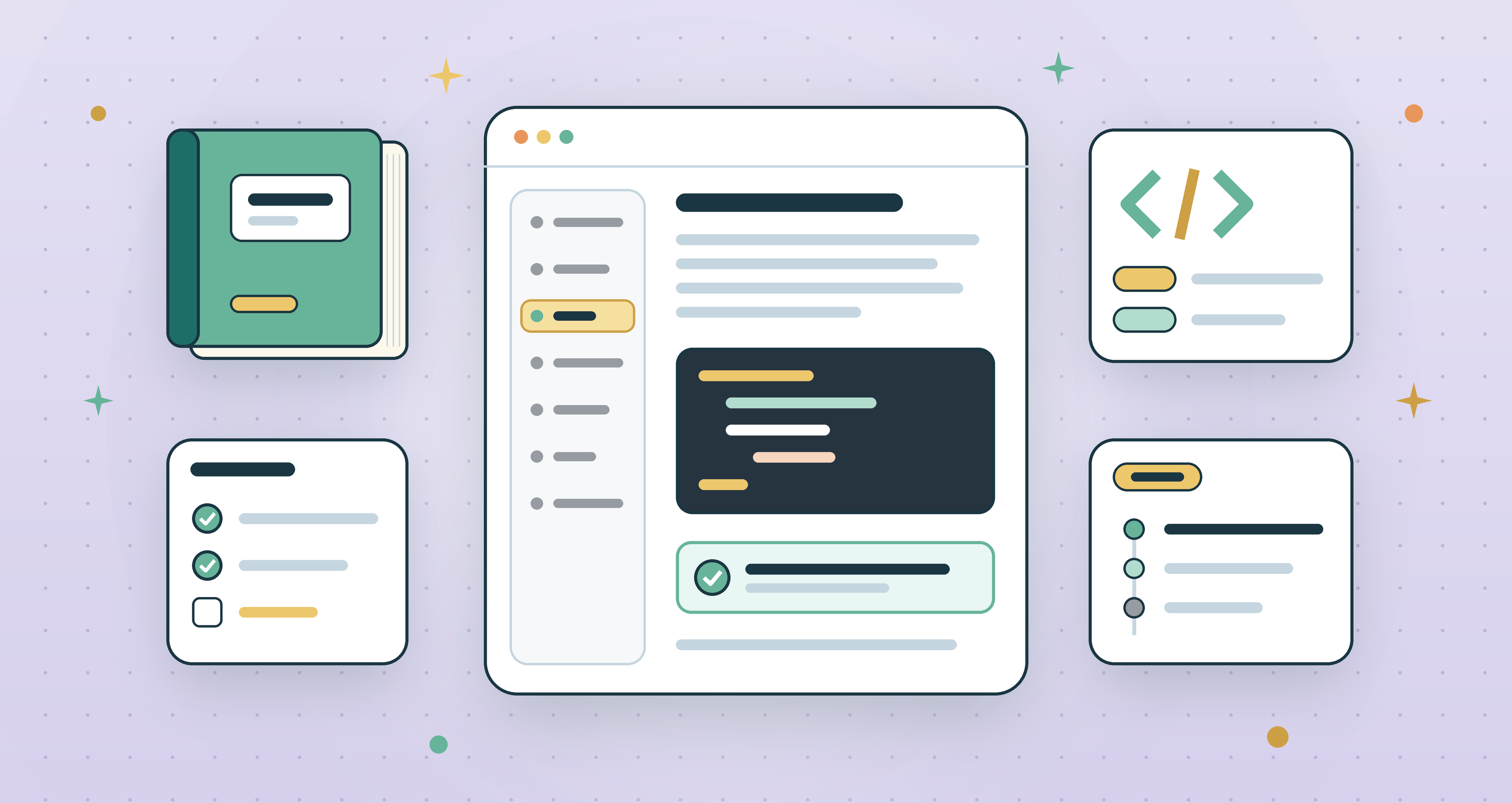 Software documentation illustration with a docs site window, a user manual, an API code card, a checklist and a release timeline