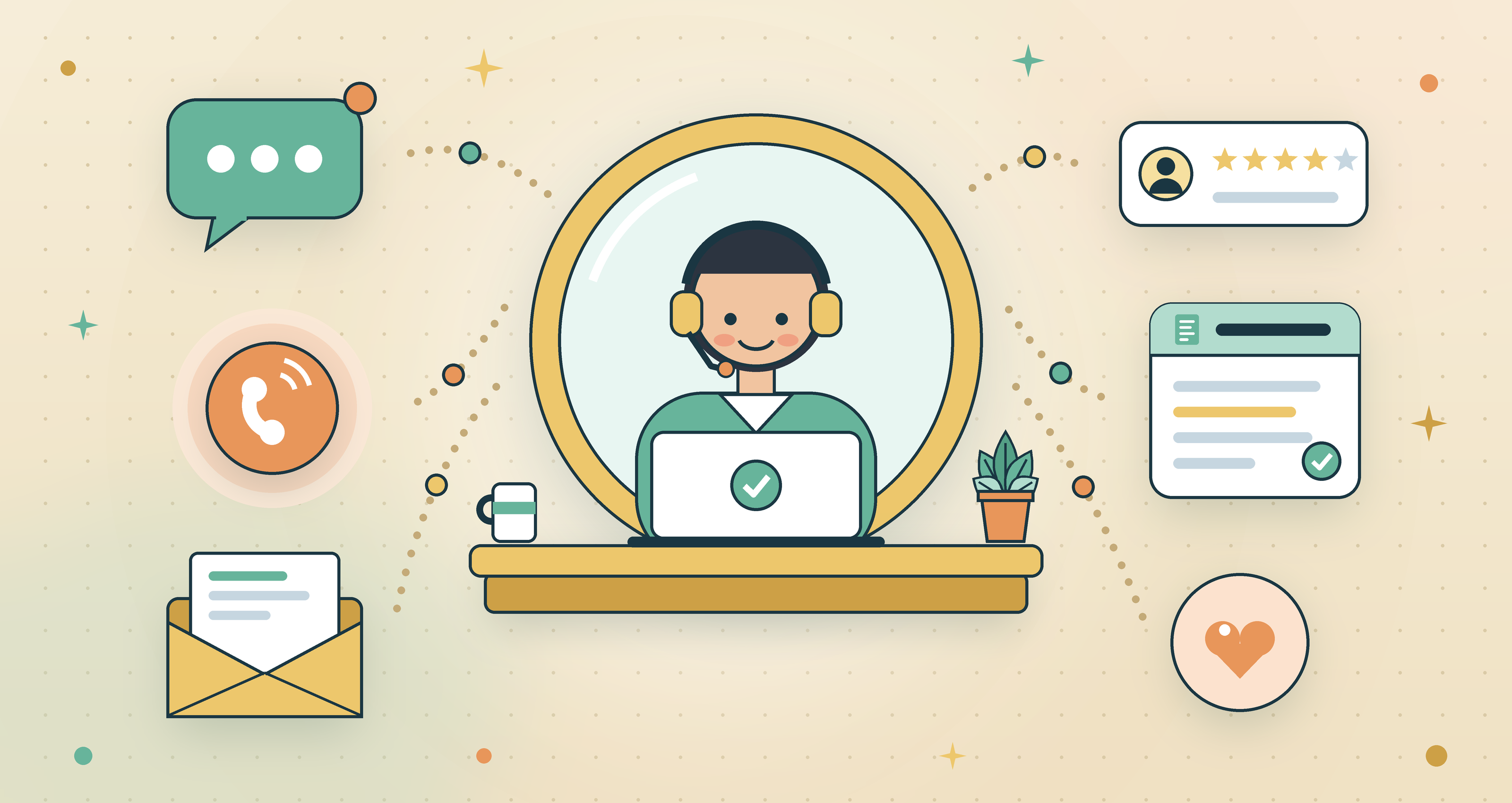 Flat vector illustration answering what is a contact center, showing an agent with a headset at a desk, surrounded by chat, phone, email, rating, help article and customer satisfaction icons that all connect to the agent