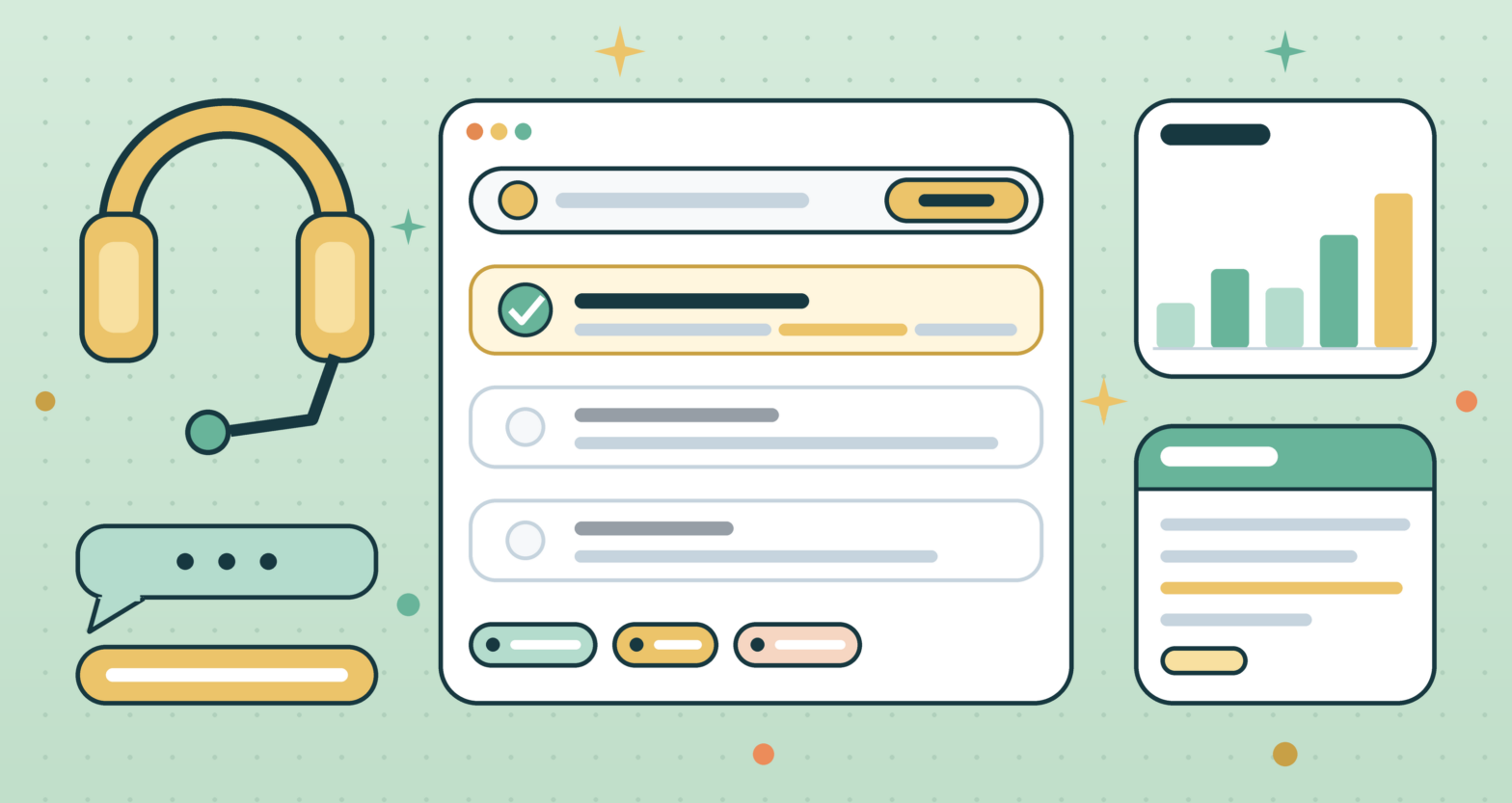 Illustration of a headset beside a call queue, an analytics chart and a knowledge card