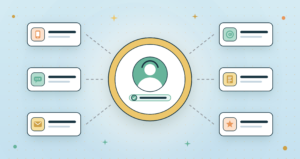 Flat vector illustration of real time agent assist, showing a contact center agent with a headset at the center, connected by dashed lines to phone, chat, email, web, help article and rating cards