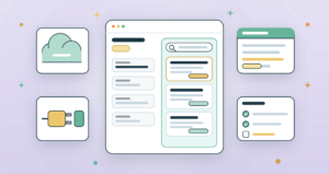 Flat vector illustration of a Salesforce Service Cloud knowledge base, showing a case record page with a knowledge panel beside cloud, plug, article and checklist cards