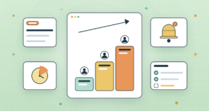 Flat vector illustration of an escalation matrix, three rising steps with a person on each level, beside a case ticket, a clock, a bell and a checklist