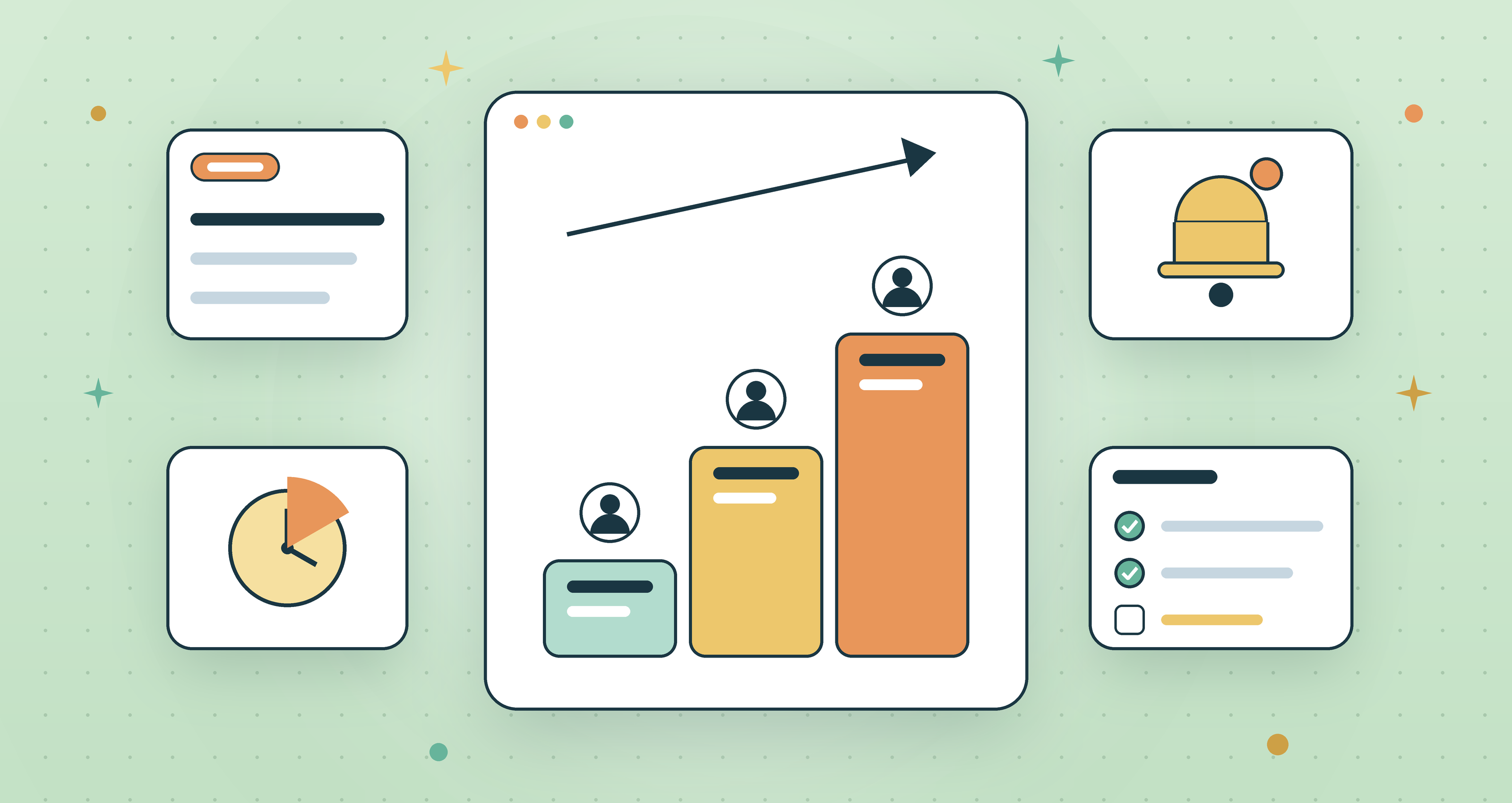 Flat vector illustration of an escalation matrix, three rising steps with a person on each level, beside a case ticket, a clock, a bell and a checklist