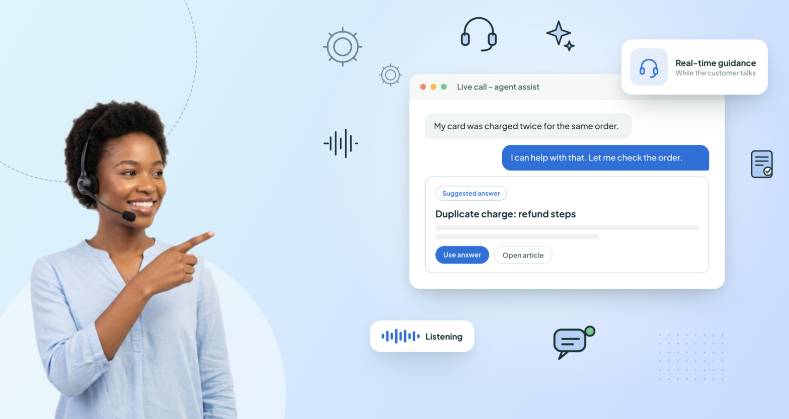 Agent with headset pointing to a live call screen with a suggested answer