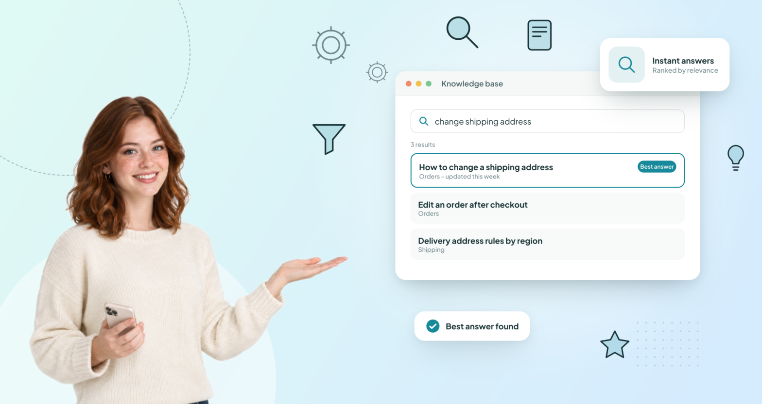 Young woman presenting knowledge base search results with the best answer highlighted