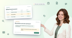 Flat vector illustration of structured vs unstructured data, a person beside a ticket table card and a call transcript card with data icons