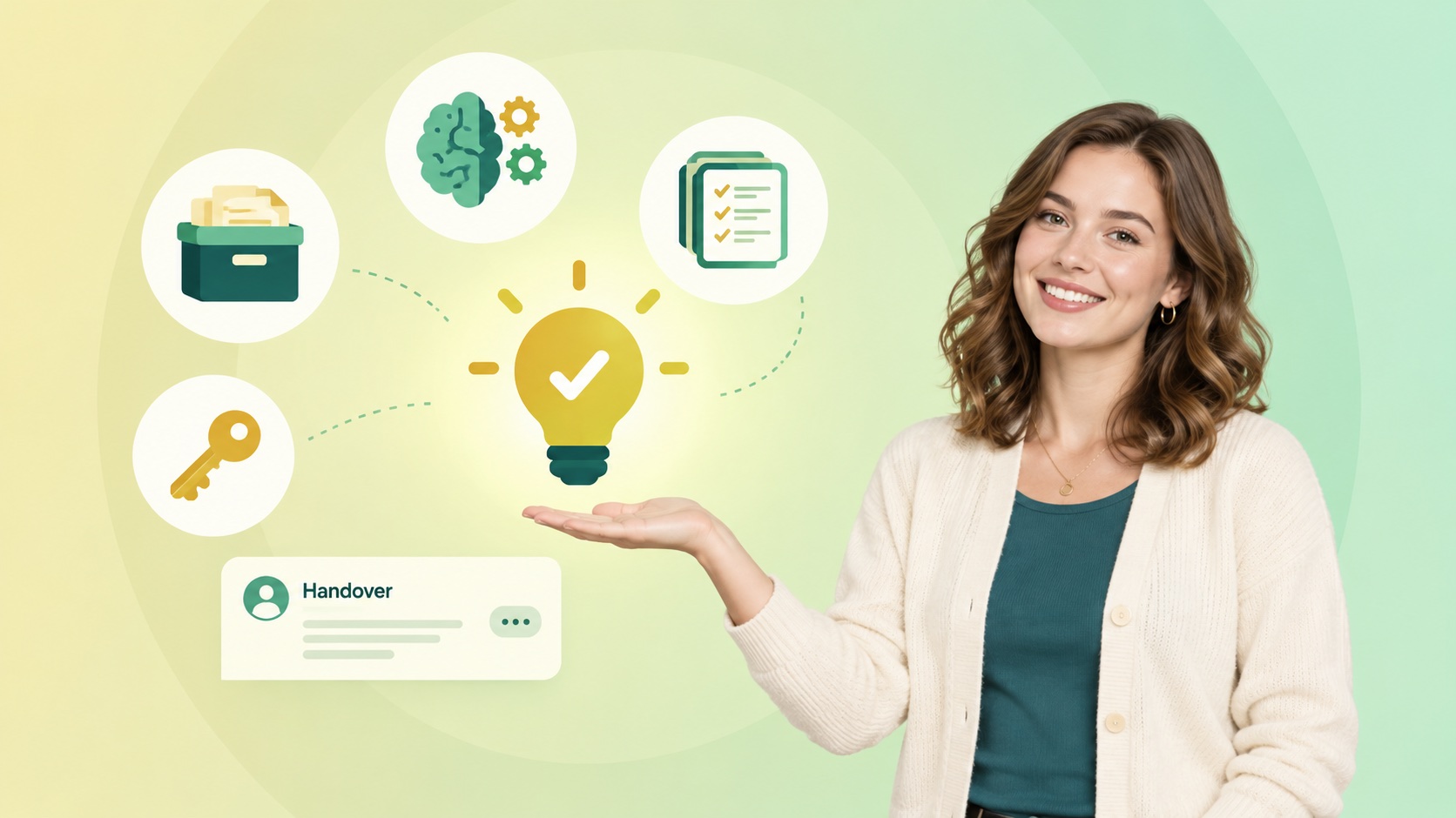 Illustration of a smiling support team member presenting a glowing light bulb with a check mark beside icons for an archive box, brain with gears, checklist, key and a handover card, representing institutional knowledge being handed over