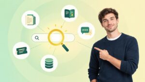 Illustration of a smiling support team member presenting a glowing magnifying glass over a search bar, with icons for documents, a knowledge base, chat, tickets and a database, representing enterprise search across company systems