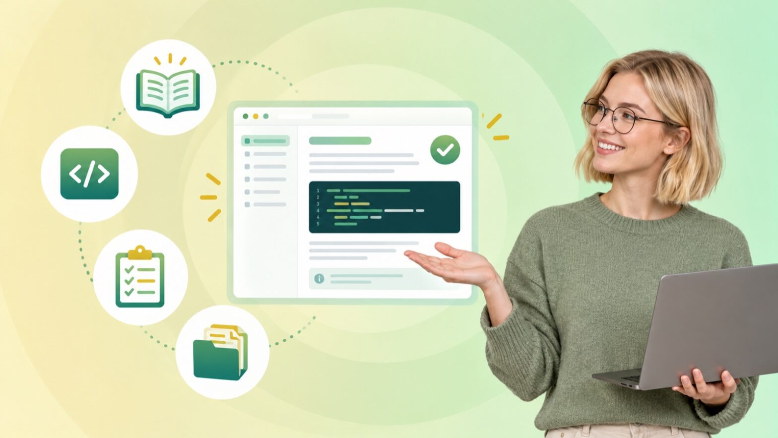 Presenter explaining a software documentation interface