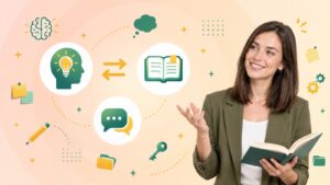 Woman holding a book beside icons for tacit vs explicit knowledge