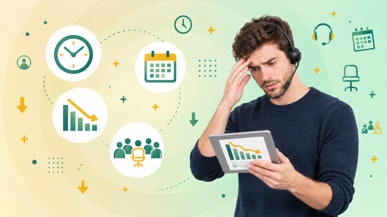 Worried contact center agent looking at a declining chart about call center shrinkage