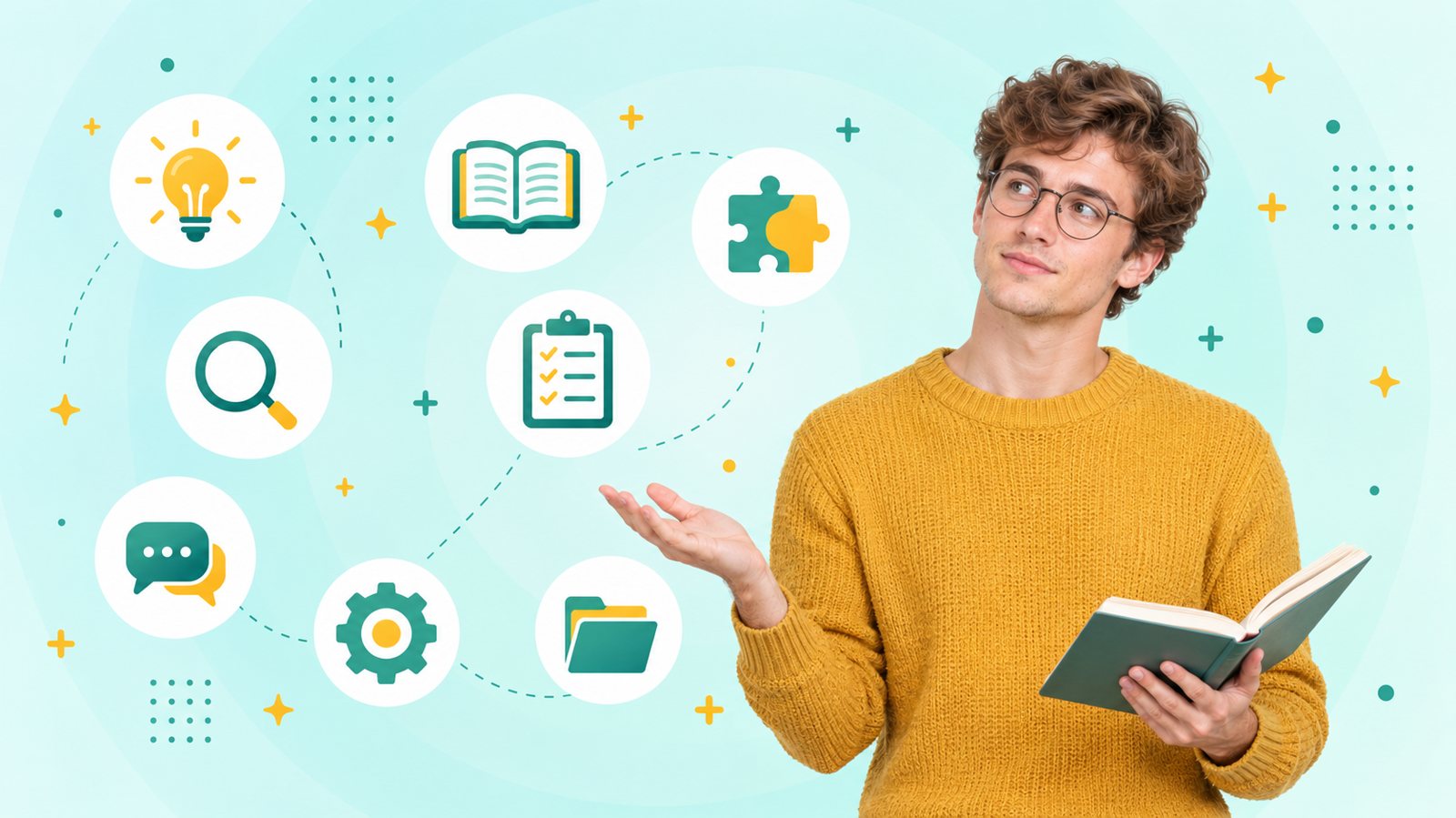 Flat vector illustration of examples of knowledge, a person beside a written article card and a know-how card with outline icons