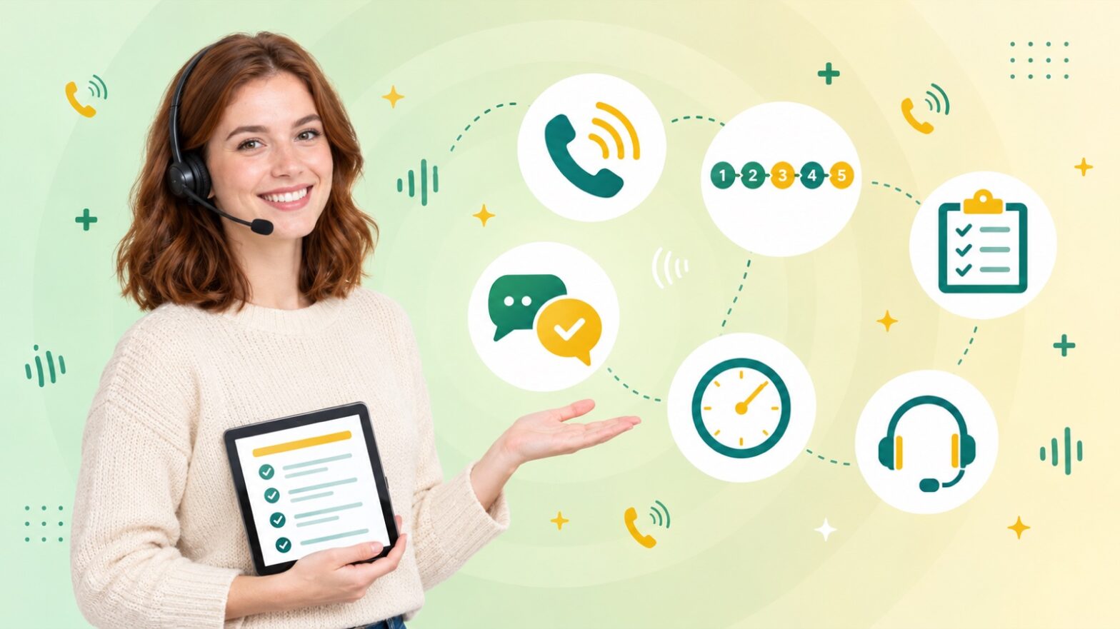 Contact center agent with a headset holding a script checklist beside icons for inbound call center scripts