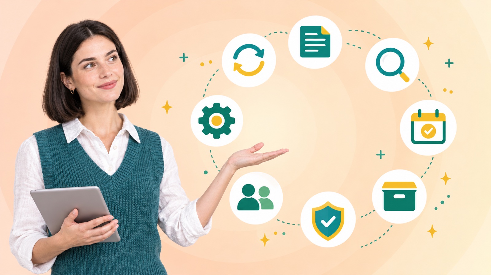 Flat vector illustration of the knowledge management life cycle, a person beside a looping six stage article card with outline icons