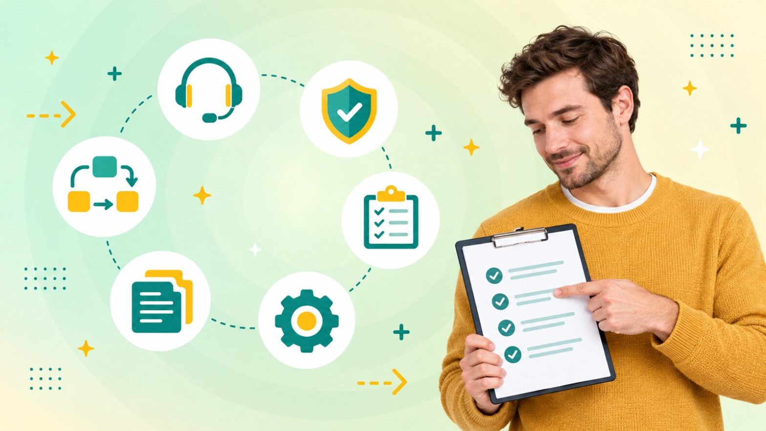 Man in a mustard sweater pointing at a ticked SOP checklist beside process and shield icons