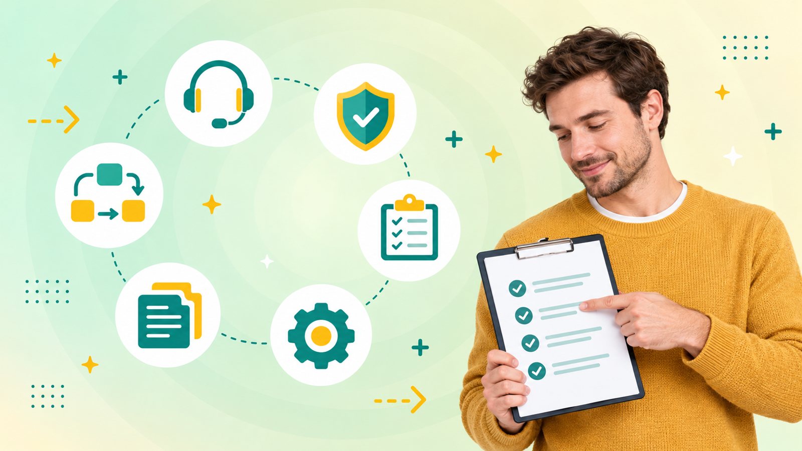 Man in a mustard sweater pointing at a ticked SOP checklist beside process and shield icons