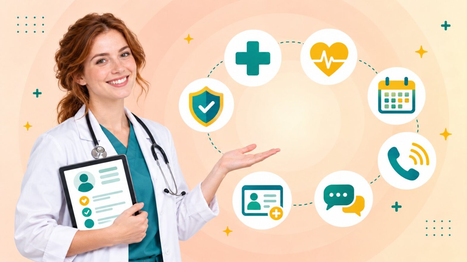 Healthcare agent in a lab coat holding a patient record tablet beside medical, calendar and phone icons