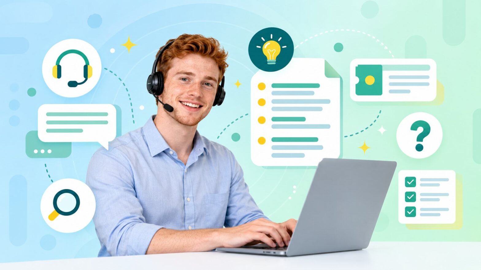 Smiling help desk agent in a headset typing on a laptop beside script, ticket and checklist cards
