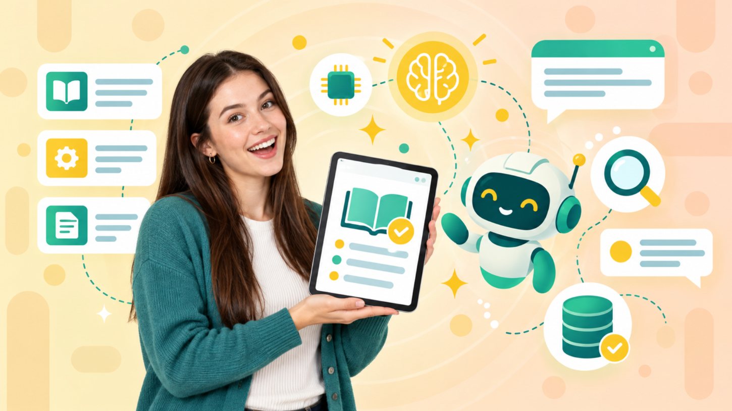 Smiling woman holding a tablet with a knowledge book beside an AI robot, brain and search icons