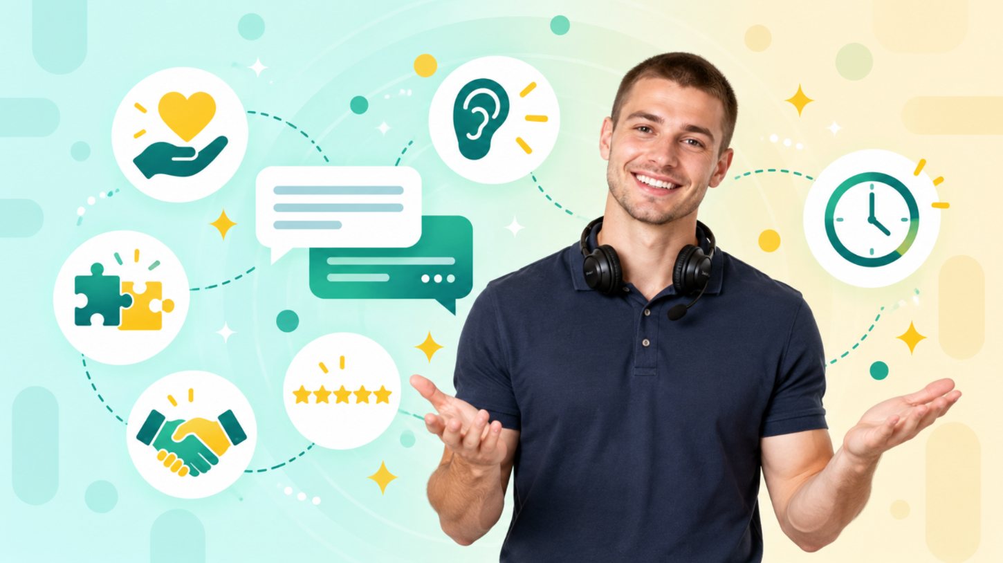 Smiling agent with a headset around his neck gesturing with open palms beside empathy and listening icons