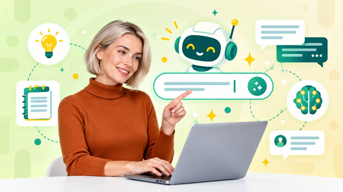 Woman in a rust turtleneck typing on a laptop and pointing at an AI prompt bar with robot and brain icons