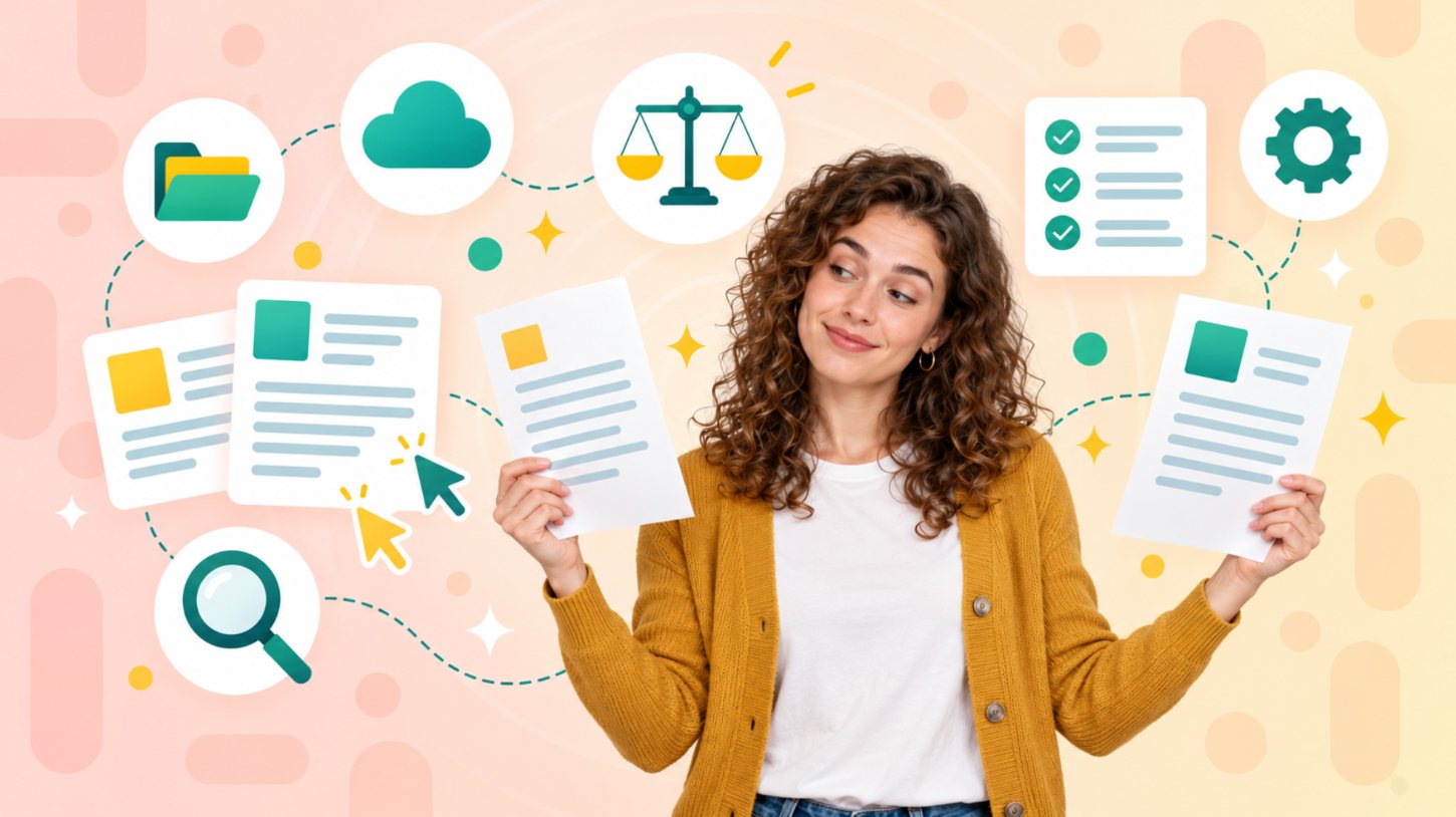 Woman in a mustard cardigan weighing two documents beside cloud, folder and balance scale icons