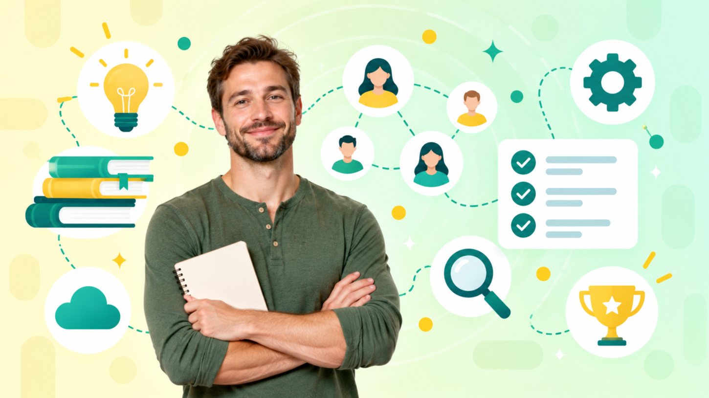 Man with crossed arms holding a notepad beside lightbulb, books, team network and checklist icons