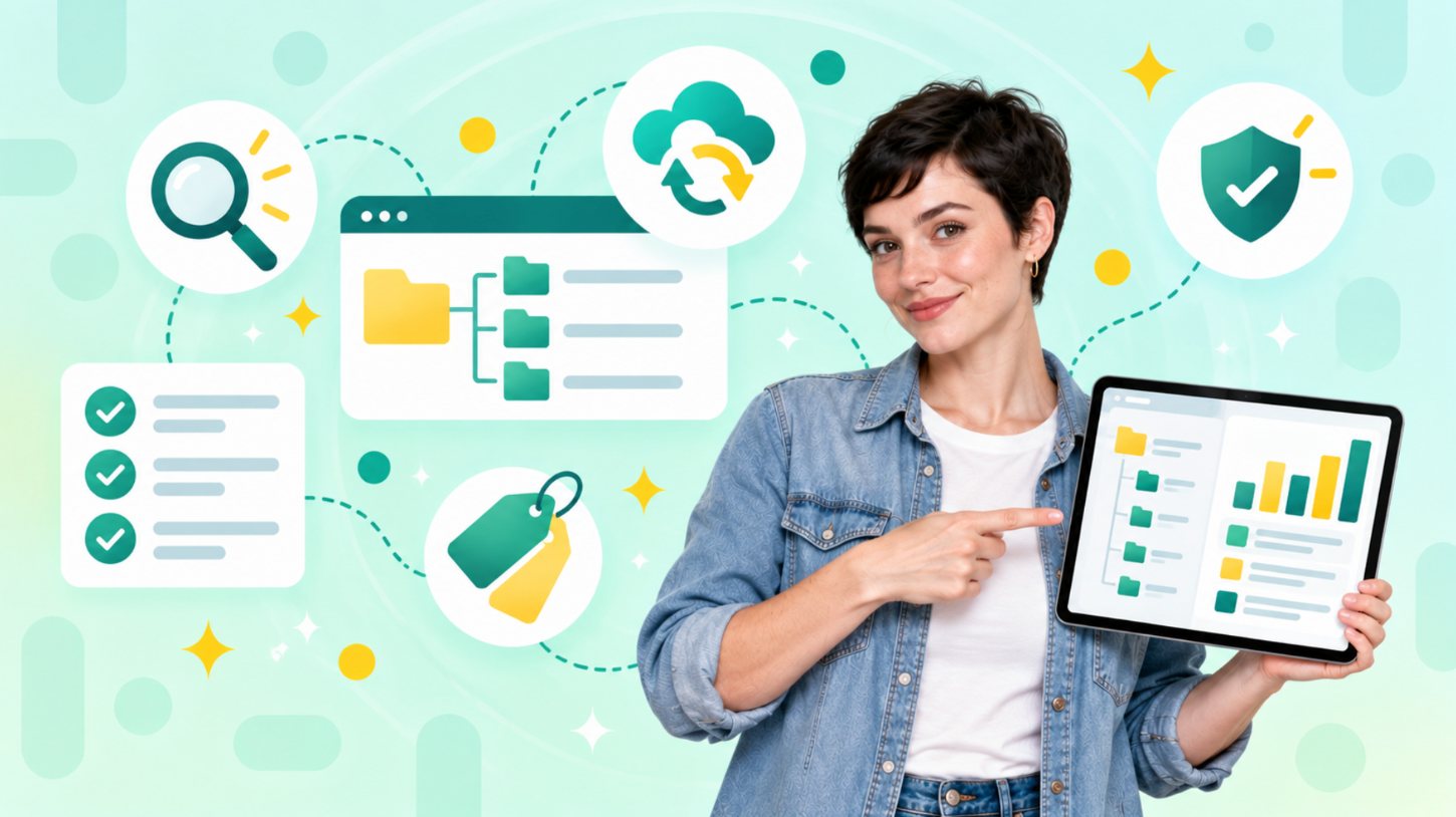 Woman with a pixie cut pointing at a knowledge base dashboard tablet beside folder tree and tag icons