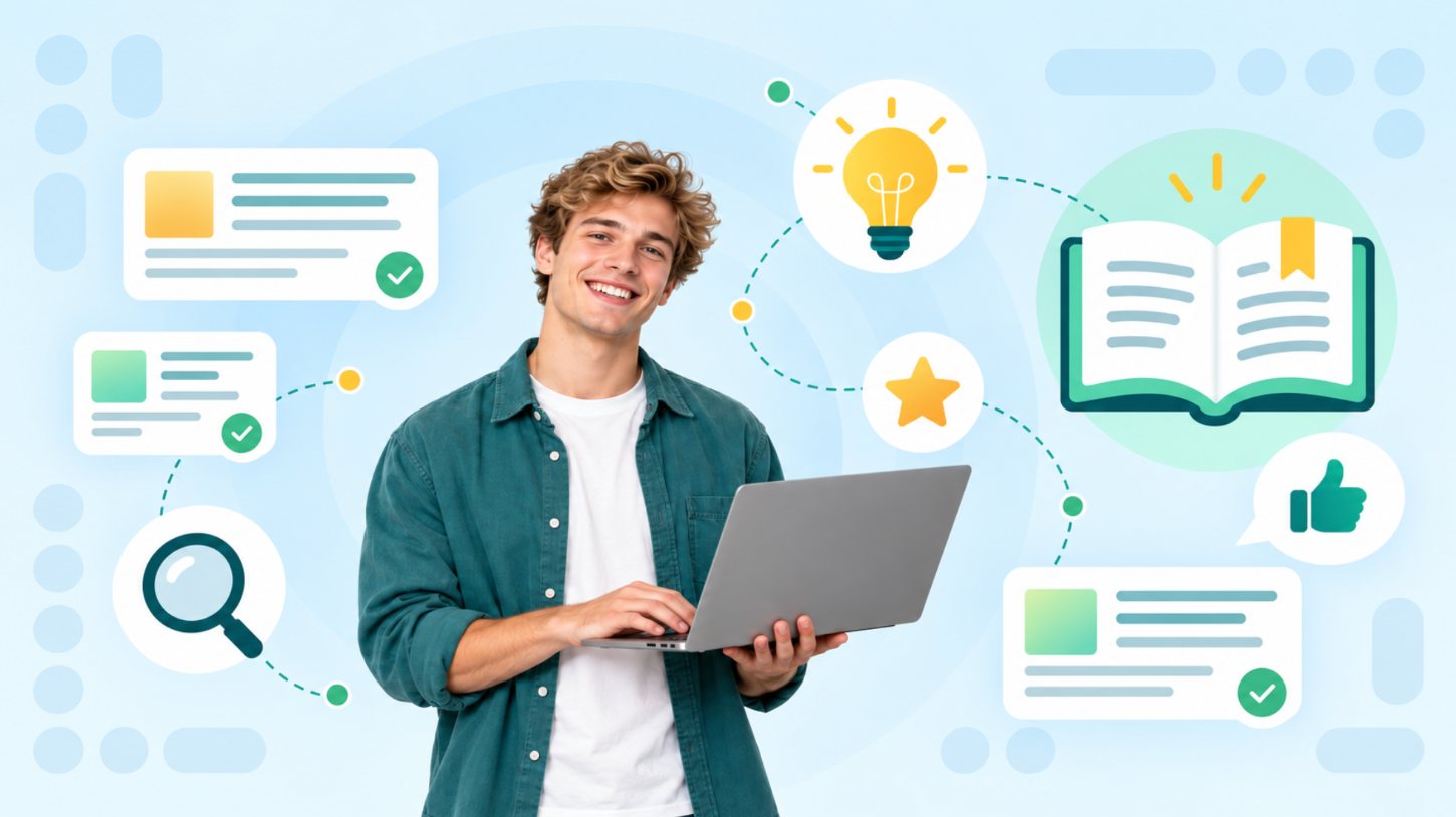 Smiling young man holding an open laptop beside article cards, lightbulb, open book and thumbs up icons