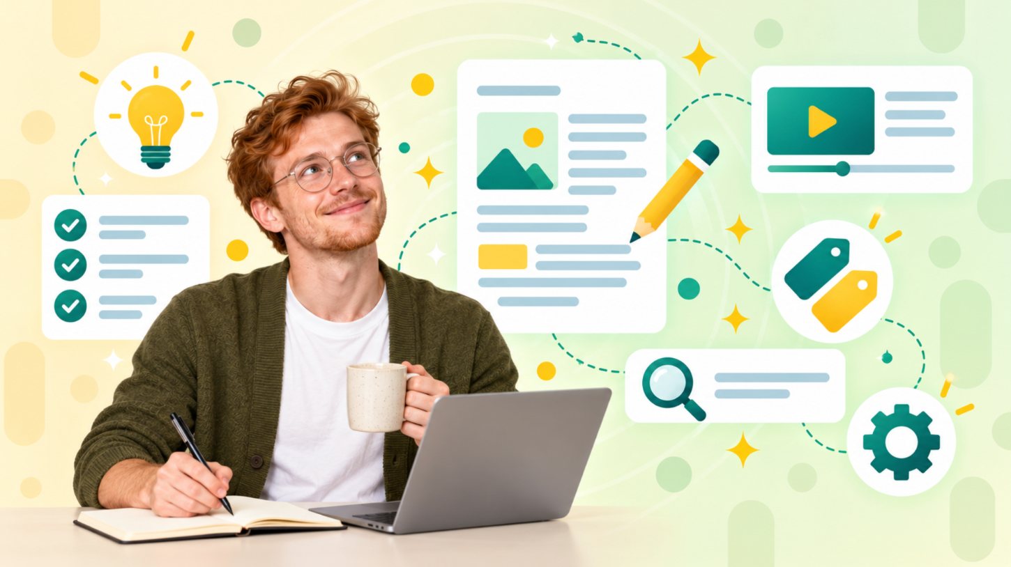 Man with a coffee mug writing in a notebook beside an article page, video card and tag icons