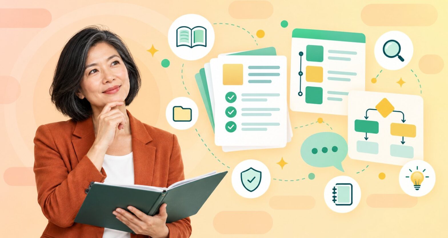 Woman holding an open binder beside document cards, an SOP checklist and a decision tree showing explicit knowledge