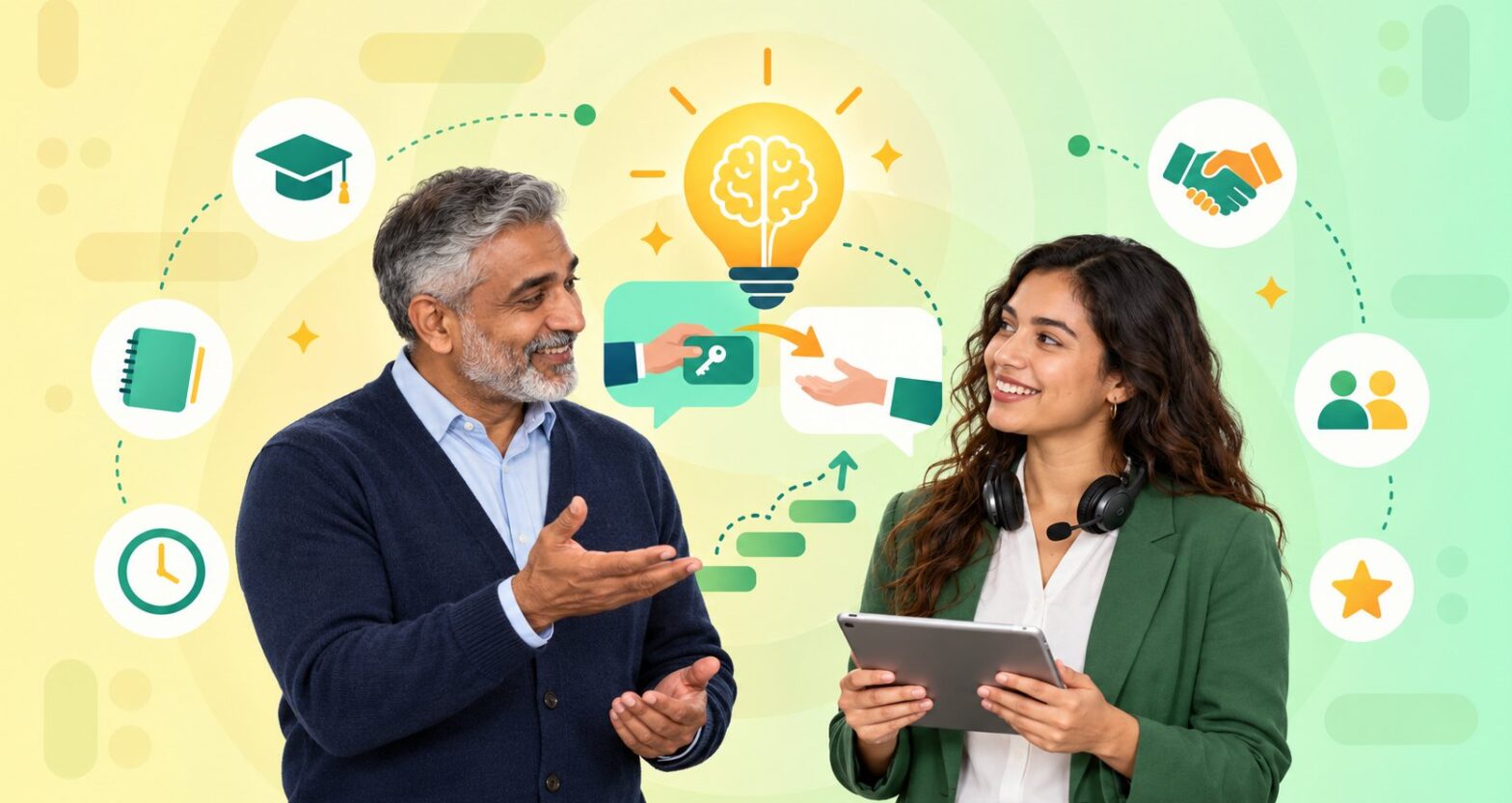 Senior agent mentoring a new agent with a tablet beside a lightbulb and handoff icons showing tacit knowledge transfer