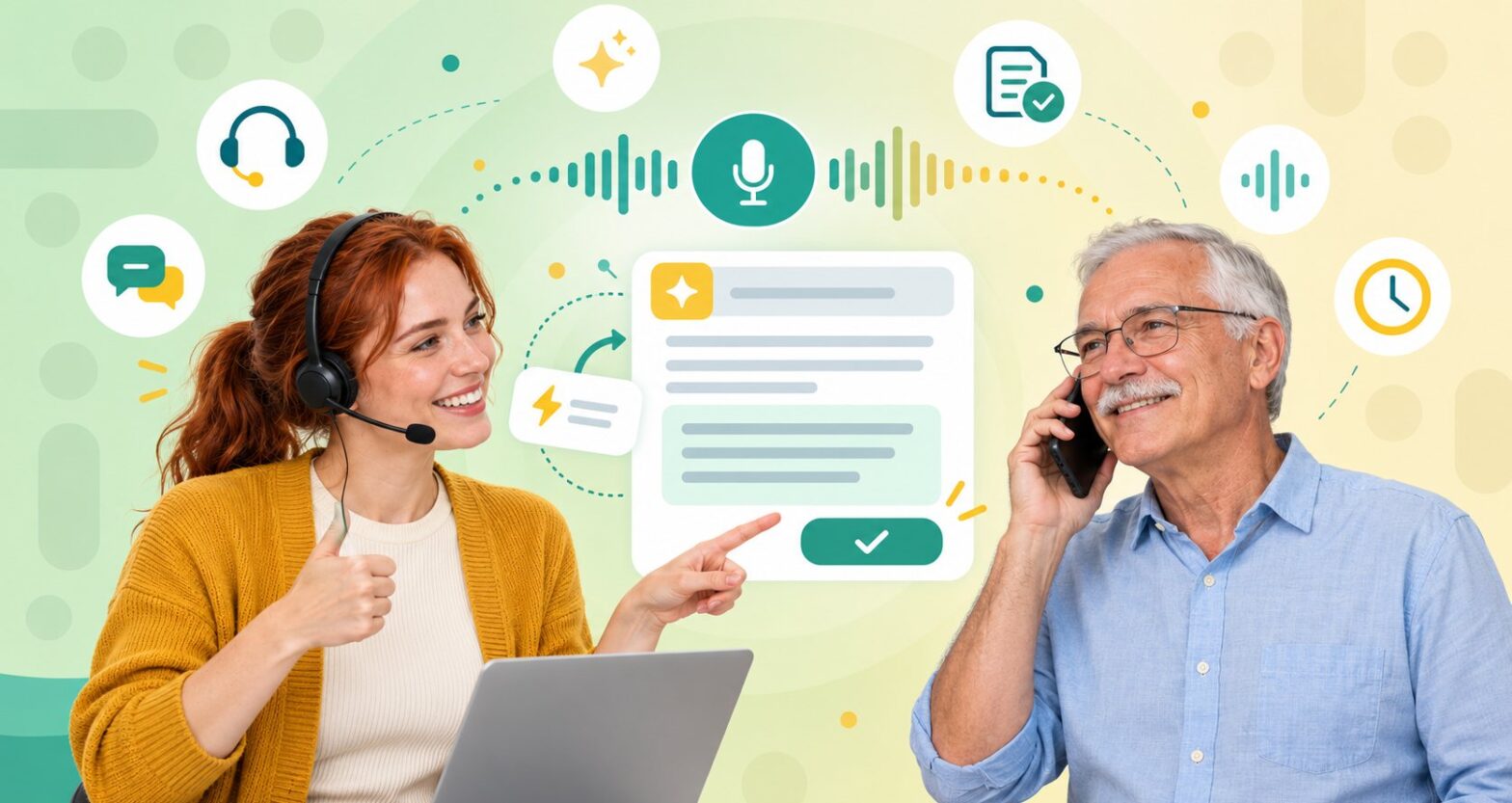 Agent with headset and customer on a live call with a suggested answer panel and waveform for real time agent assist