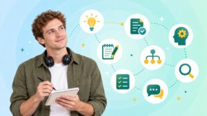 Implicit knowledge illustration, a support agent with headphones writing in a notepad beside icons for a lightbulb, documents and a decision tree