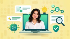 AI powered knowledge management: support agent on a laptop with AI, document check and governance icons