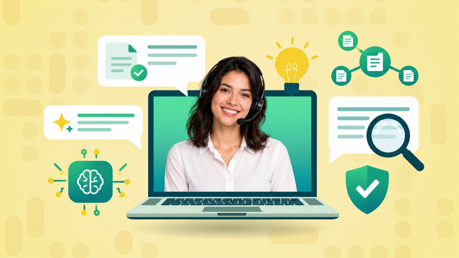 AI powered knowledge management: support agent on a laptop with AI, document check and governance icons
