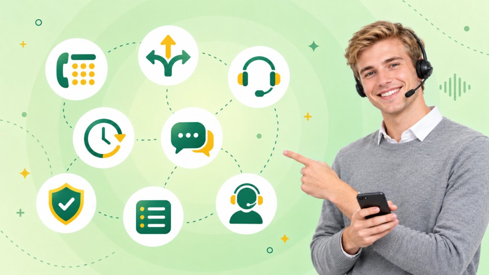 Call center IVR best practices illustration, a young support agent with a headset and phone beside icons for a keypad, call routing, a callback clock and a chat bubble