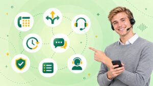 Call center IVR best practices illustration, a young support agent with a headset and phone beside icons for a keypad, call routing, a callback clock and a chat bubble