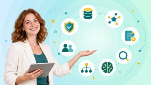Illustration of knowledge management and information systems as connected icons for data, search, knowledge and people