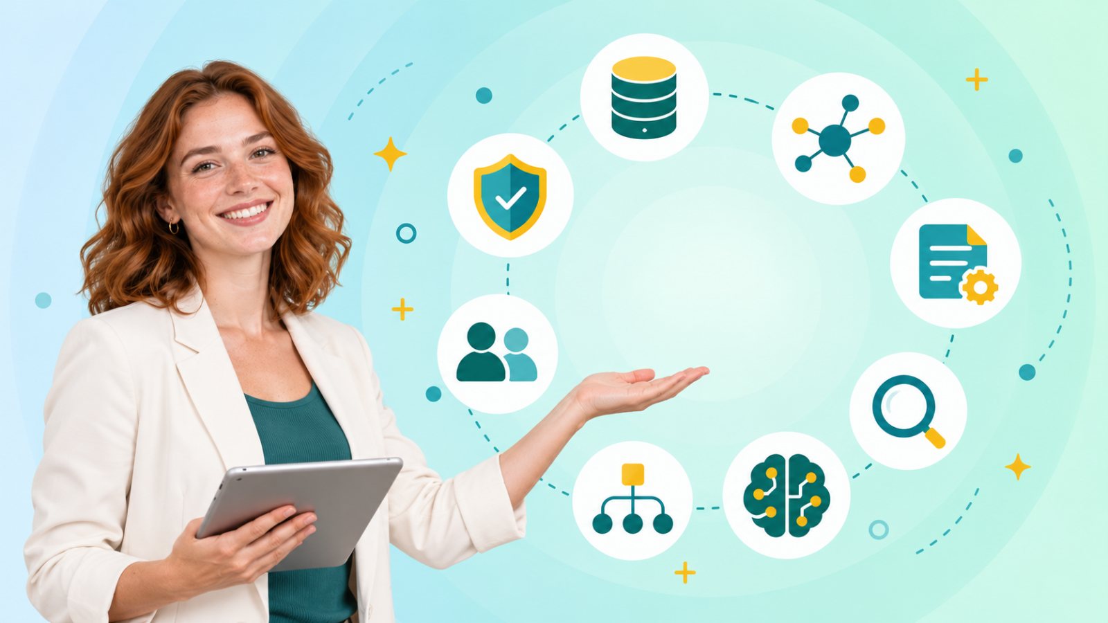 Illustration of knowledge management and information systems as connected icons for data, search, knowledge and people