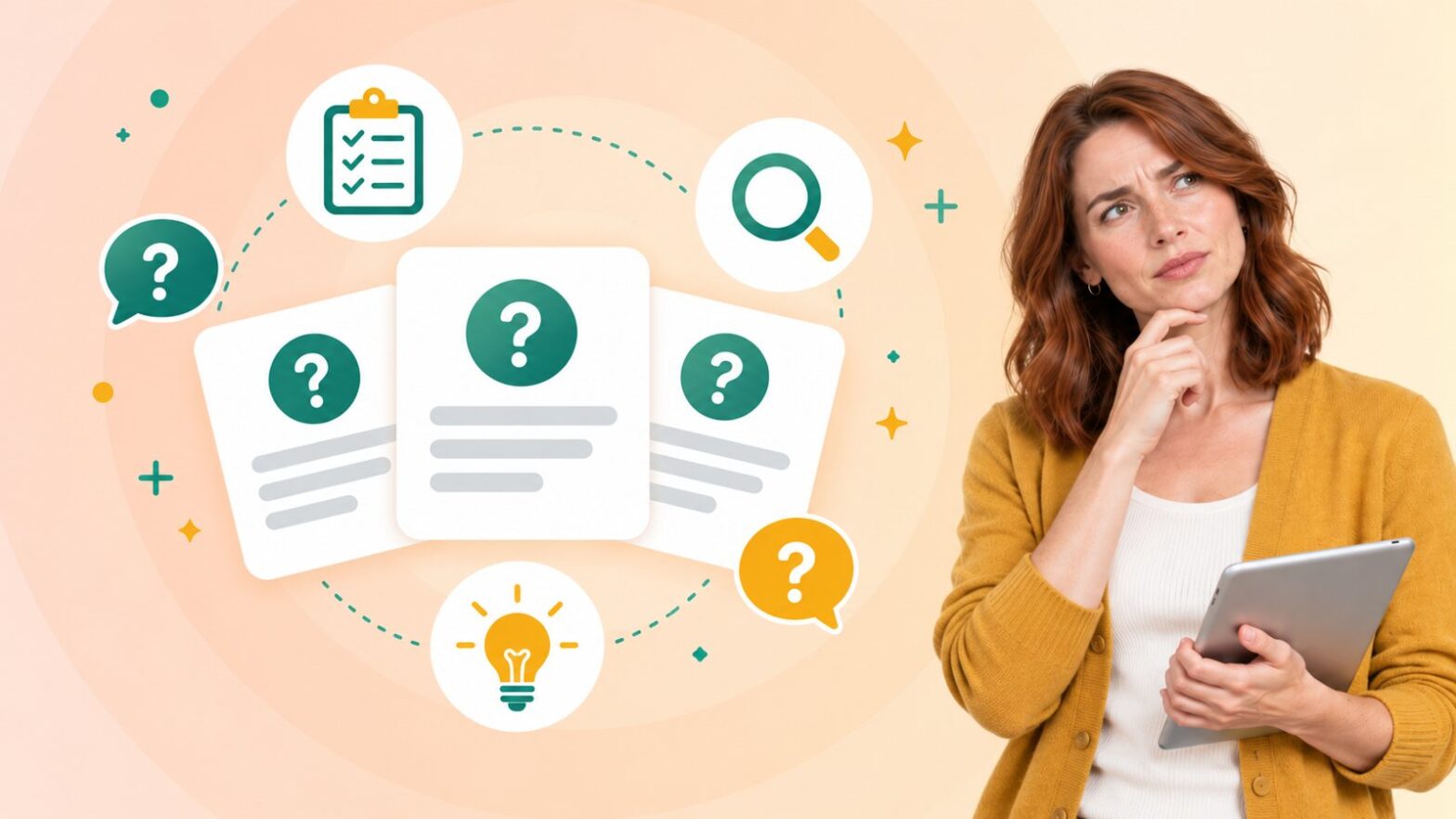 Confused woman holding a tablet beside a stack of FAQ page examples cards with question marks