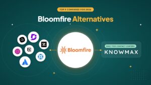 Bloomfire alternatives compared: the Bloomfire logo in the center, linked to Knowmax on the right and to Guru, Document360, Zendesk, eGain, Notion, Helpjuice and Confluence icons on the left