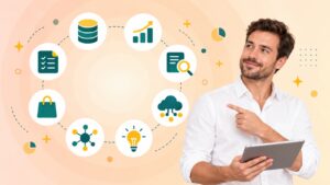 Illustration of big data and knowledge management showing a person with a tablet beside icons for databases, charts, documents and search